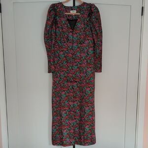 J. Crew Red and Blue Maxi Dress with Puff Sleeves